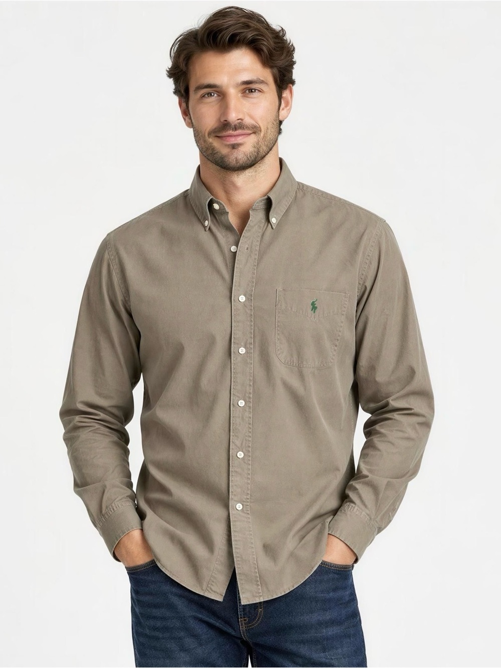 Men's Ralph Lauren 100% Cotton Blake Button-Down Shirt Taupe with Green Logo